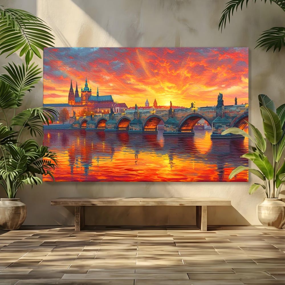 Tablou canvas cu tablou canvas cu apus de asfintit peste praga, fara rama, pe sasiu de lemn